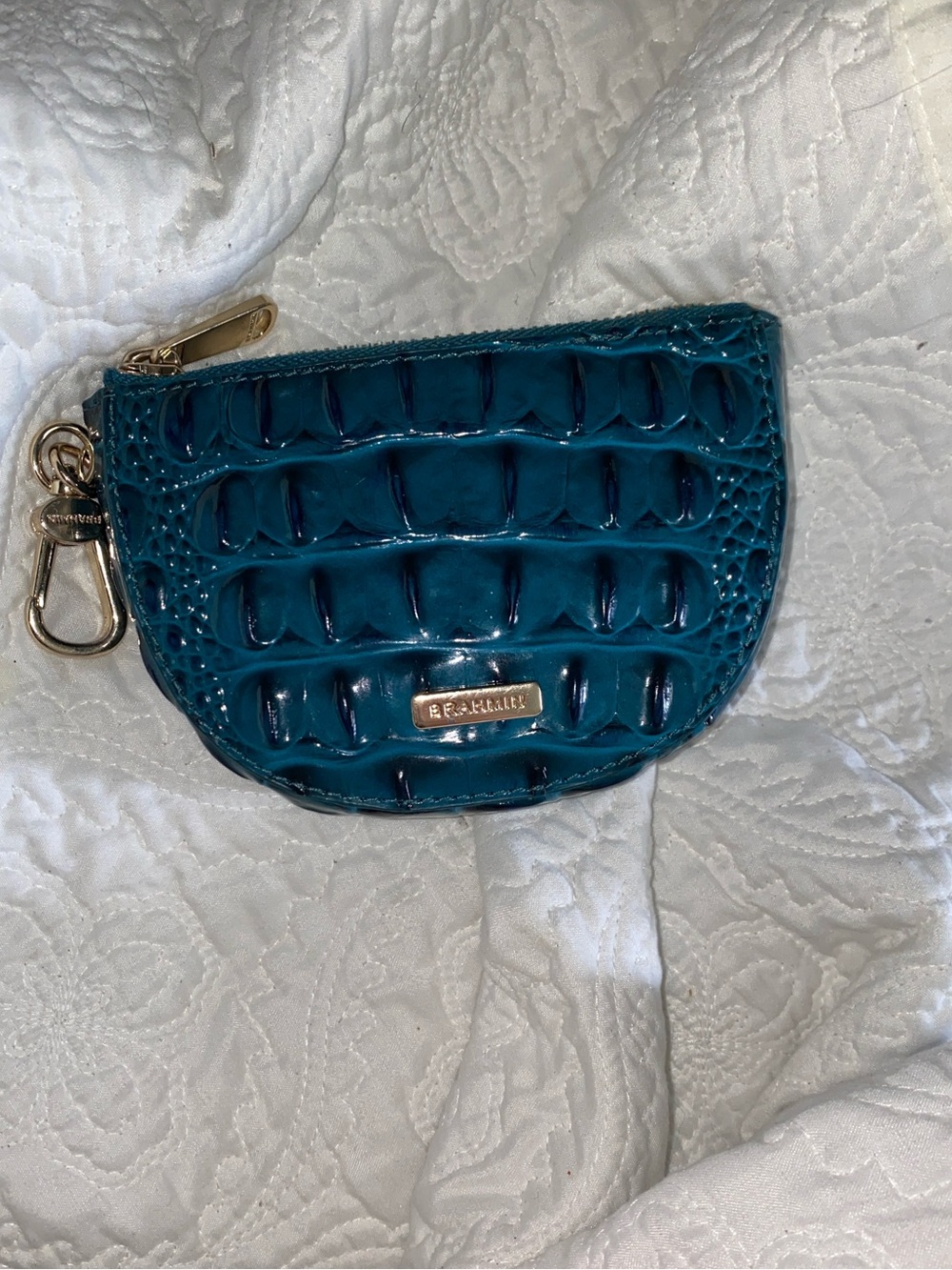 Brahmin Teal Croc-Embossed Mini Coin Pouch with Gold Hardware
